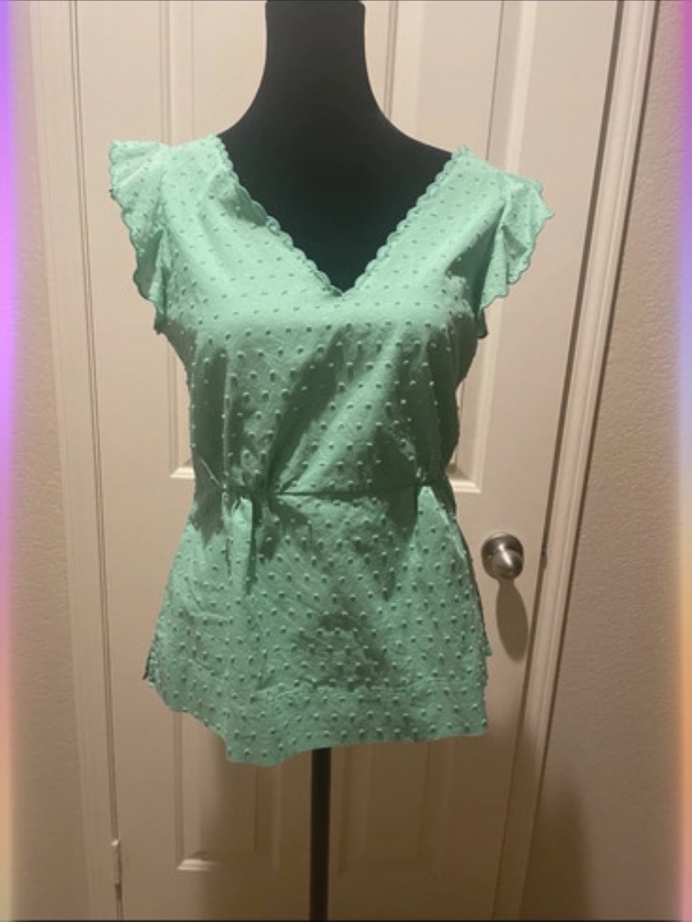 J. Crew Mint Green Swiss Dot V-Neck Blouse